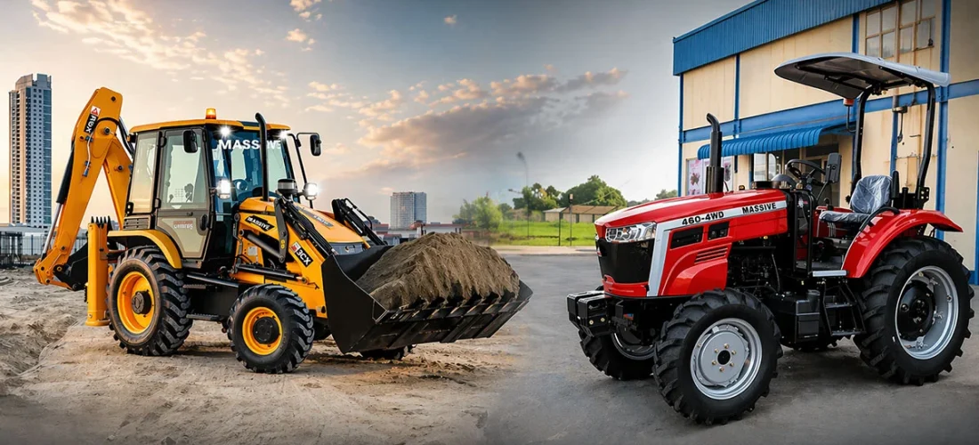 Yellow backhoe loader unloading sand at a construction site beside a red Massey 460-4WD tractor by a blue building.