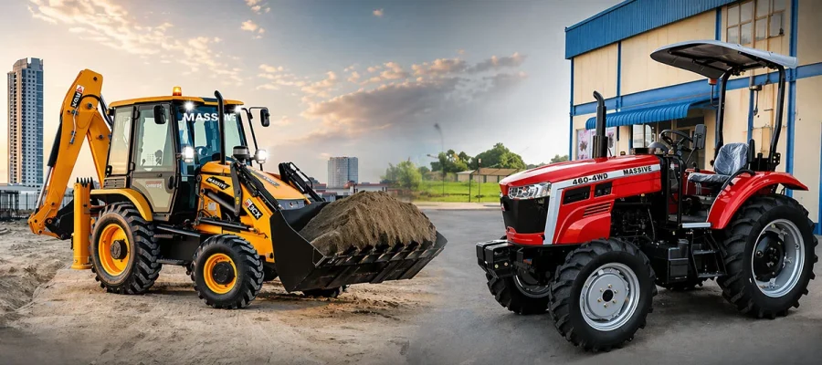 Yellow backhoe loader unloading sand at a construction site beside a red Massey 460-4WD tractor by a blue building.