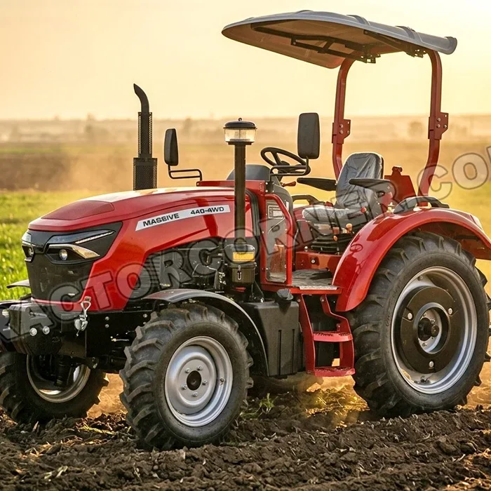 Red Massey Ferguson 440-4WD tractor in a plowed field at sunset, ready for work (rear view shows large tires and roll bar).​