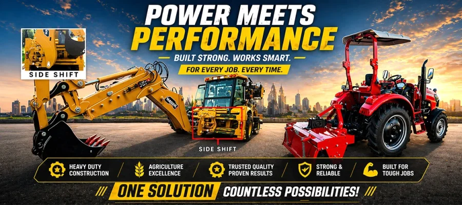 Promotional banner showing a yellow excavator, loader, and red tractor against a city skyline with the 'Power Meets Performance' headline.
