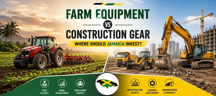 Banner comparing farm equipment on the left with construction gear on the right, asking where Jamaica should invest and showing a Jamaica flag emblem.
