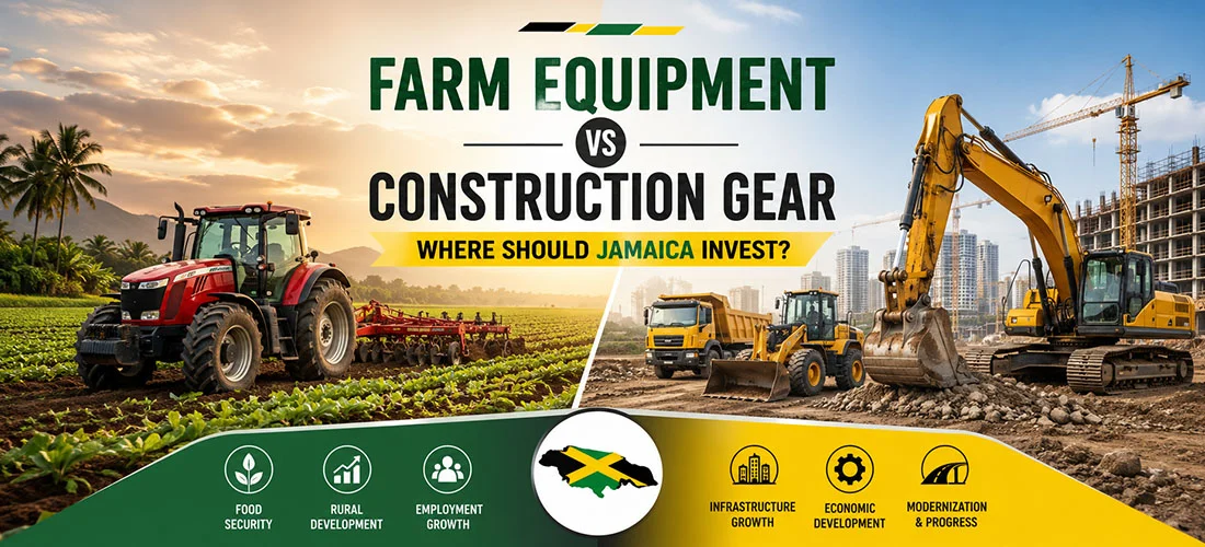 Banner comparing farm equipment on the left with construction gear on the right, asking where Jamaica should invest and showing a Jamaica flag emblem.